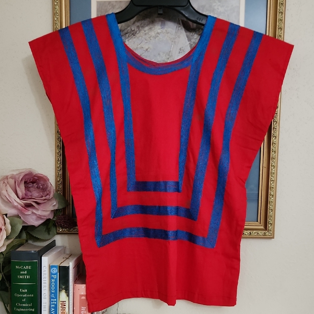 Red and Blue Geometric Women's Top